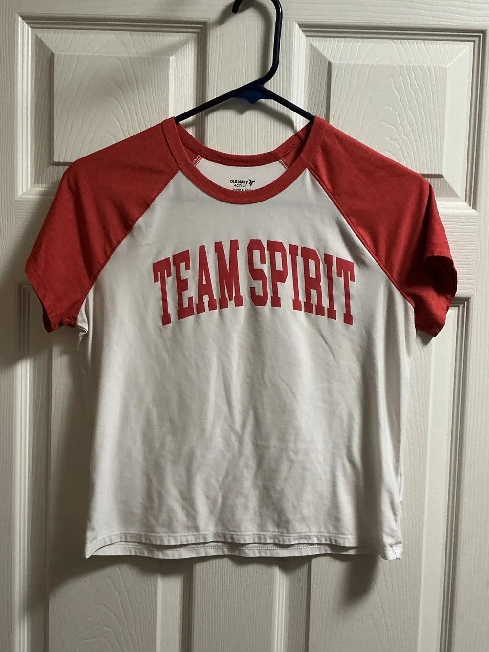 Old Navy White Tee with Red Raglan Sleeves and 'TEAM SPIRIT' Print